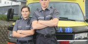 Paramedic employee with ambulance